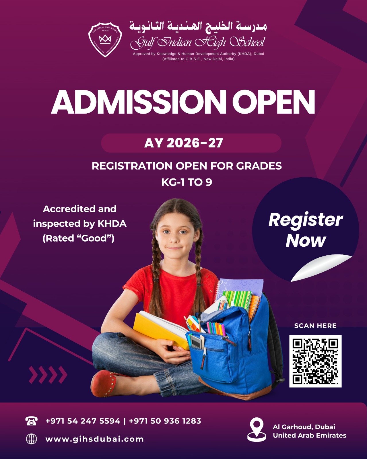 Gulf Indian High School Dubai admission announcement for AY 2026-27, grades KG-1 to 9. KHDA rated Good. Register now.
