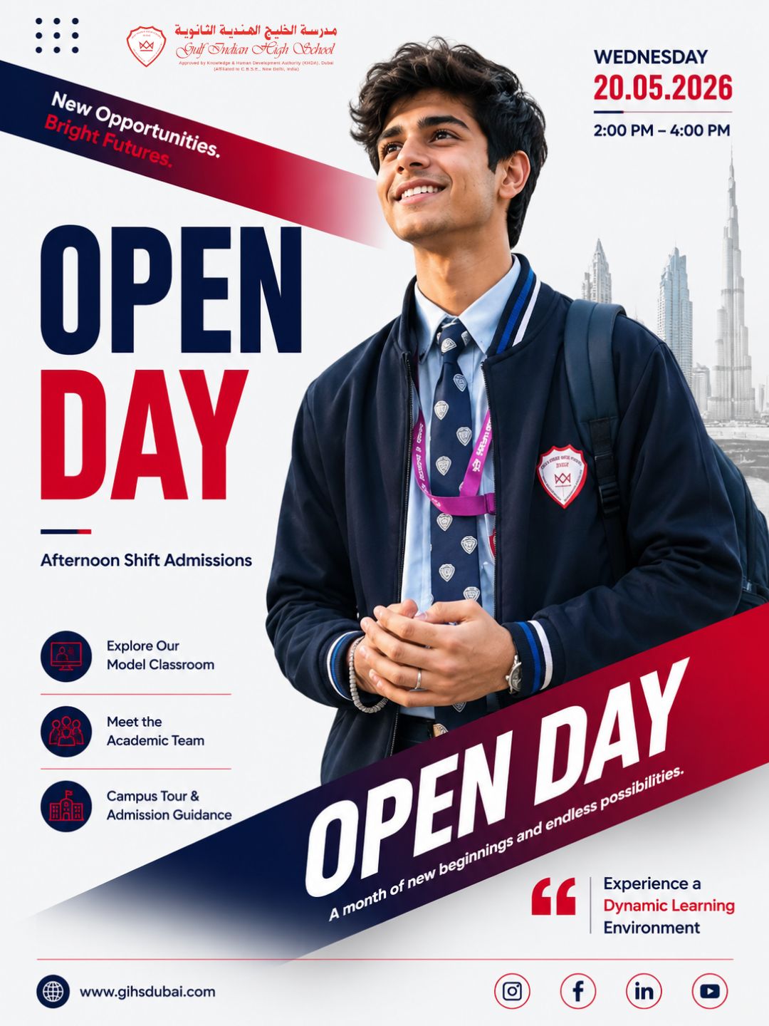 Gulf Indian High School Dubai Grade 11 Admissions Open 2026-27 for Science and Commerce Streams with AI subject options.