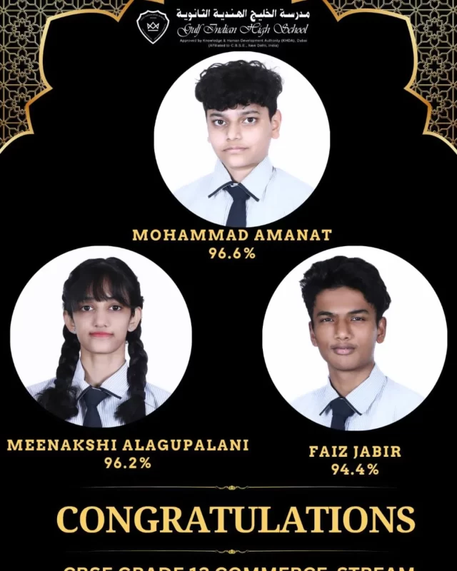 We are proud to announce the exceptional performance of our Commerce stream students in the CBSE Grade 12 Results 2025.
Top Achievers:
1st: Mohammad Amanat –96.6 %
2nd:  Meenakshi Alagupalani– 96.2%
3rd: Faiz Jabir – 94.4%
Your dedication and hard work have brought great pride to the school. Wishing you continued success in your future endeavors!
#CBSE2025 #CommerceToppers #ProudMoment #AcademicExcellence #Gihs