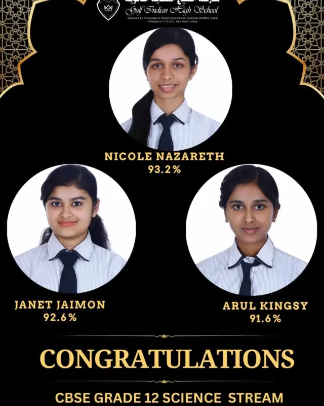 Celebrating Excellence in Science!
We are thrilled to announce the top performers from the CBSE Grade 12 Science stream.
Top 3 Science Toppers:
1. Nicole Nazareth –93.2 %
2.Janet Jaimon– 92.6%
3.Arul Kingsy – 91.6 %
Your brilliance, focus, and perseverance have led you to this incredible milestone. The entire GIHS  community is proud of you!
#CBSE2025 #ScienceToppers #AcademicChampions #ProudSchoolMoment #GIHS